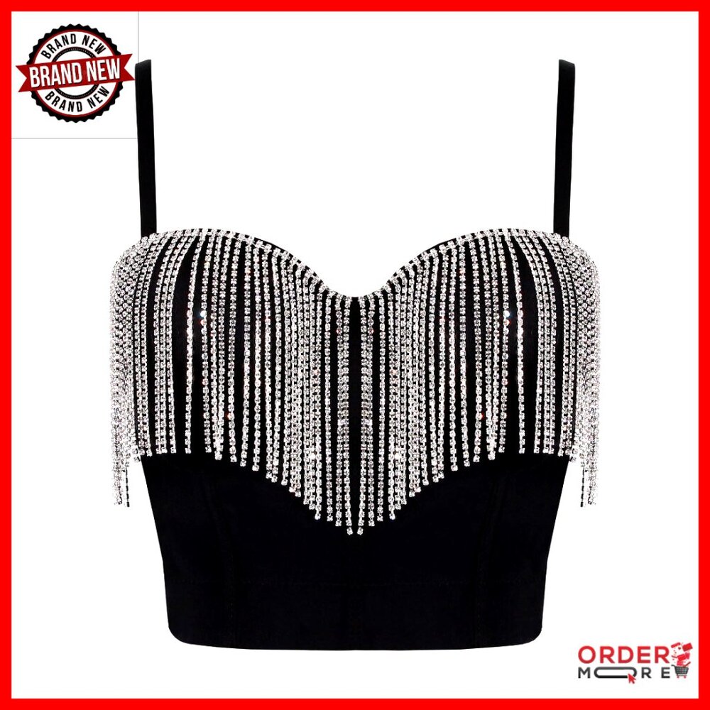Rhinestone Tassel Crop Top Sexy Corset Bra Underwire Padded Adjustable Straps
